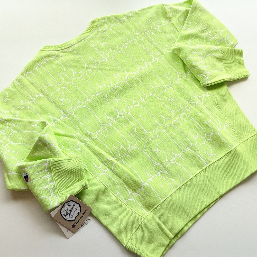 Champion Reverse Weave Allover Print Lime Green Sweatshirt Women's Medium - Picture 3 of 4